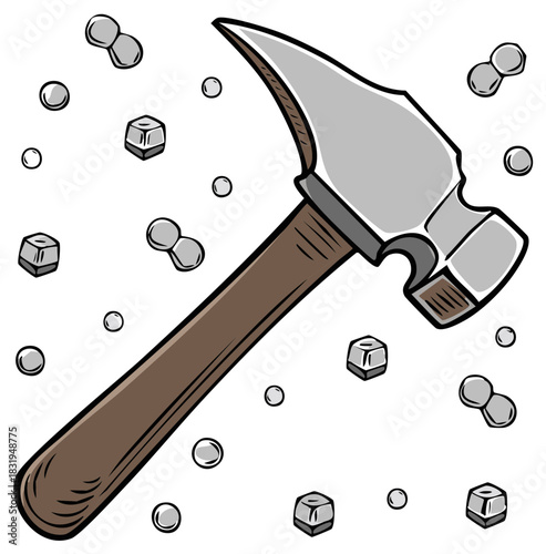 Claw Hammer with Nails and Rivets Flying Around