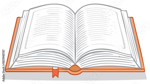 Stylized open book illustration with blank white pages, reddish-orange cover, and a visible bookmark