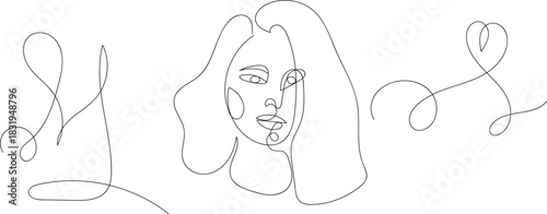 Elegant single line drawing of a woman s face. A minimalist artistic representation of a woman's profile rendered with a single continuous line, showcasing subtle elegance and simplicity.