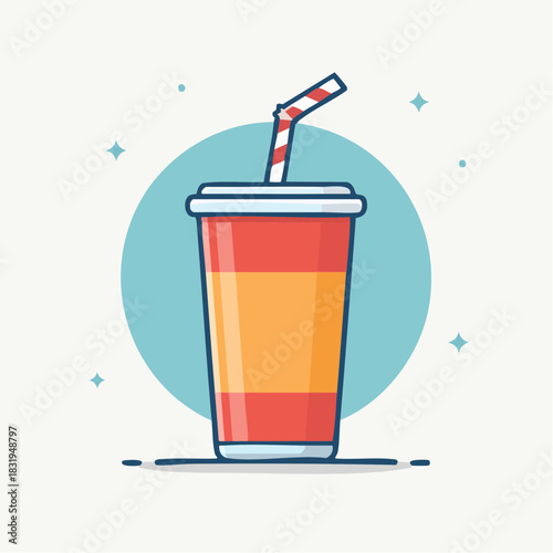 Pixel Art Red And Orange Soda Cup With Striped Straw And Blue Circle Background And Sparkles