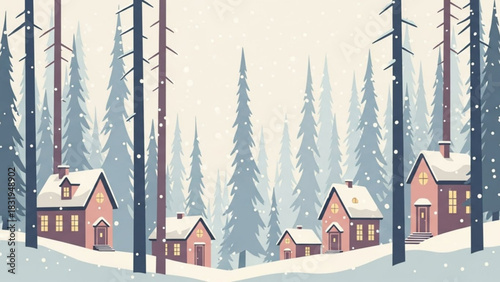 Winter wonderland landscape scene with snow covered houses and pine trees vector illustration art