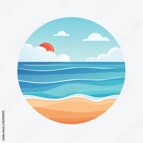 Ocean Waves Lap Sandy Beach Under A Bright Sun With Fluffy Clouds In A Circular Frame