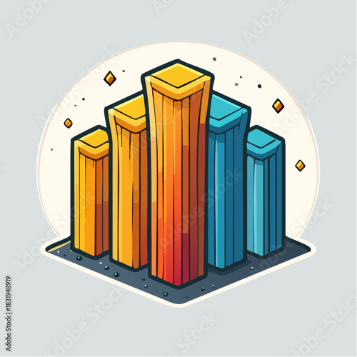 Stylized Bar Chart With Tall Yellow Orange and Blue Columns on Dark Gray Surface with Scattered Squares and Light Background