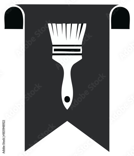Stylized paintbrush icon on a dark banner with scroll details symbol for painting and renovation