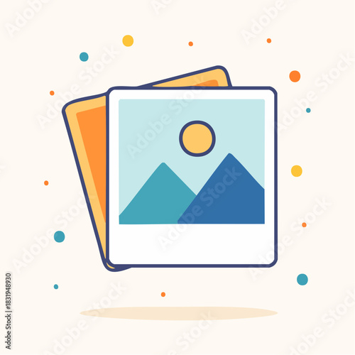 Stacked Images Representing Memories and Digital Content on a Light Background with Colorful Dots