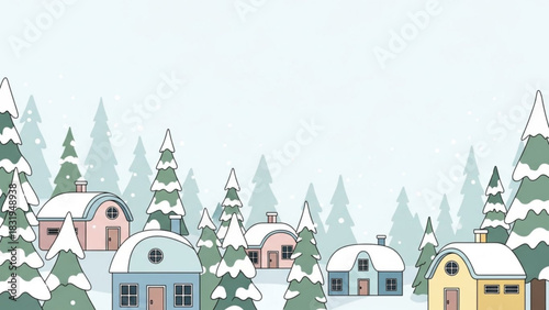 Winter wonderland scene with snow covered houses and trees in a peaceful christmas landscape design art