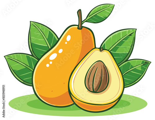 Cartoon illustration of pear with green leaves, one sliced, fruit, graphic design, healthy food
