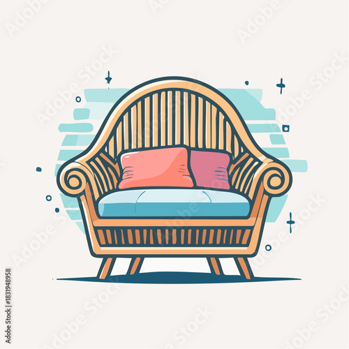 Wicker Armchair With Pink And Blue Cushions In Minimalist Style Against Light Blue And White Background With Subtle Sparkle Accents