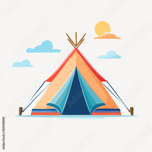 Orange And Red Teepee Tent With Blue Door Under Sunny Sky With Clouds