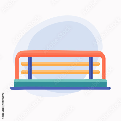 Simple Illustration Of A Red And Orange Park Bench With Yellow Slats And A Blue Base On A Light Blue Background