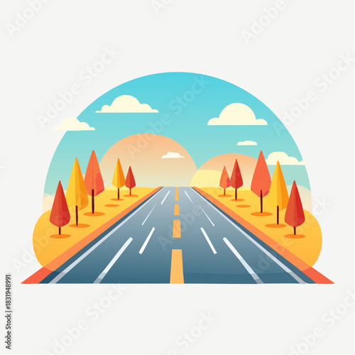 Vibrant Autumn Road Scene With Orange and Yellow Trees Under a Clear Blue Sky with Soft Clouds and a Warm Sunset Glow