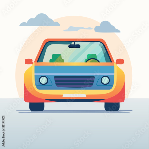 Brightly Colored Modern Sedan with Blue Grill and Orange Accents on a Light Gray Road Under a Soft Orange Circle Sky with Fluffy Clouds