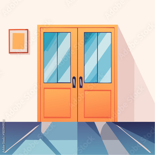 Interior view of double wooden doors with glass panels and a framed picture on a light wall with modern flooring and long shadows