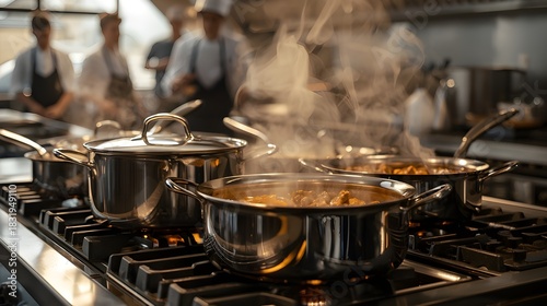 A professional restaurant kitchen with steaming pots and pans on a commercial gas stove during meal preparation