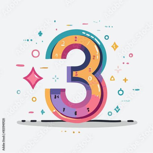 Colorful Number Three Graphic With Stars Sparkles And Geometric Shapes In A Fun Playful Design