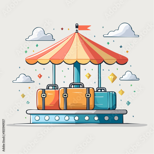 Three Colorful Luggage Bags Arranged on a Circular Platform Under a Striped Canopy Decorated with Confetti and Clouds