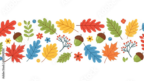 Autumn leaves pattern with acorns and berries, vibrant fall foliage seamless border illustration