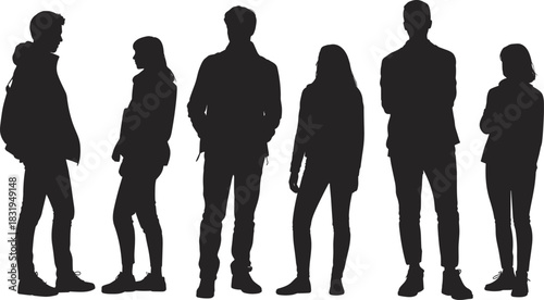 Group of young people standing together in casual clothing silhouette, modern urban youth illustration showing diverse poses, teamwork, community, and lifestyle