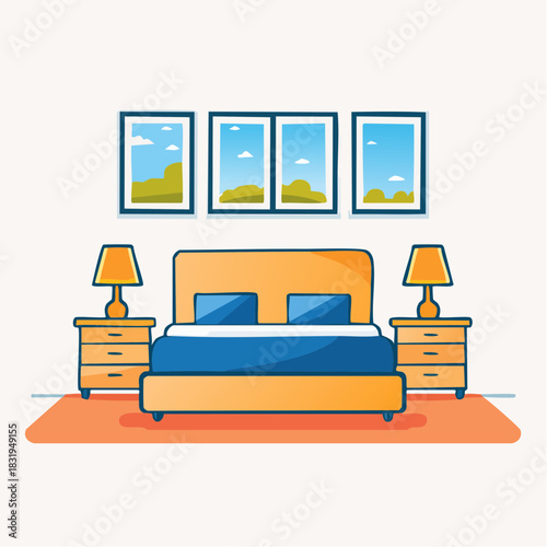 Cozy Bedroom Interior With Orange Bedside Tables Blue Duvet And Three Landscape Paintings On Wall