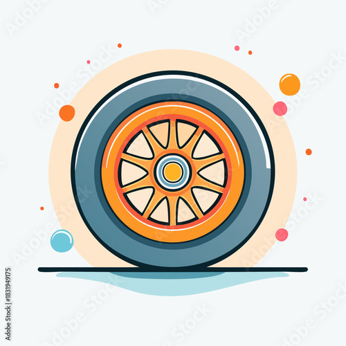 A Stylized Cartoon Illustration of a Car Wheel with Orange Rim and Blue Tire Set Against a Soft Orange Circular Background with Small Colorful Bubbles