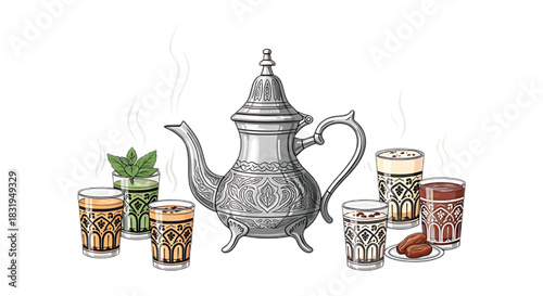 Traditional Moroccan mint tea ceremony with ornate silver teapot and glasses