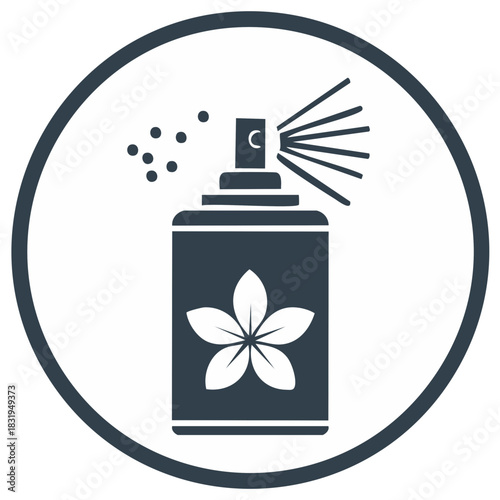 Air freshener spray can with a flower symbol spraying fragrance, flat monochrome vector icon