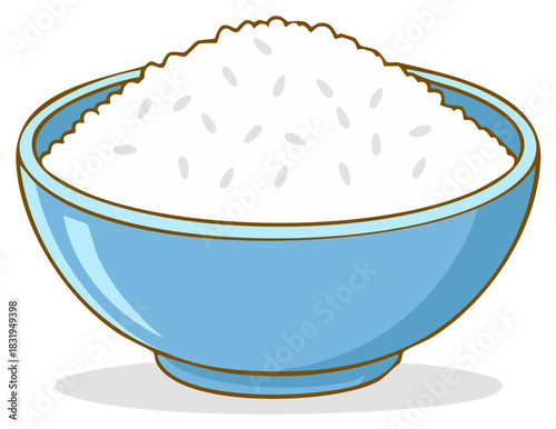 Cooked white rice mounded in a light blue serving bowl illustration