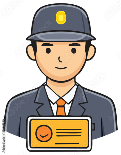 Cartoon officer character avatar with identity badge wearing uniform and peaked cap