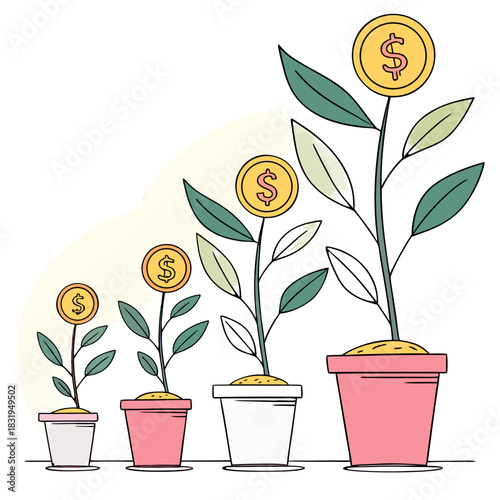 Financial Bloom: A whimsical illustration captures the concept of financial growth, showcasing a series of plants, each bearing a coin as a bloom, rising in height to symbolize increasing prosperity.