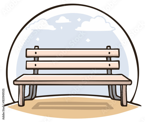 Empty wooden park bench under a clear sky with soft clouds cartoon illustration