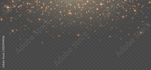 Gold glitter light banner. Magic dust background. Star particle bg. Christmas Holiday golden confetti. Fairy bulb. Glow shine bokeh. Winter Celebration frame. Luxury party. Vector illustration