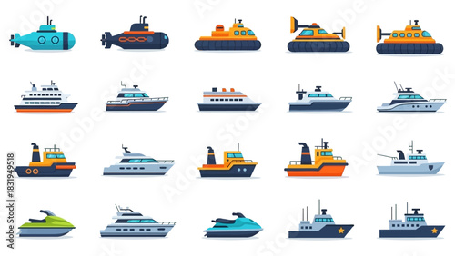 Colorful collection of boat, ship, and submarine icons. A flat vector set of various water transport vehicles for maritime and travel concepts