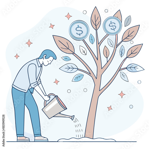 Cultivating Financial Growth: A person nurtures a money tree, symbolizing the careful tending and nurturing of investments for future financial success. 