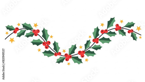 Christmas holly garland vector illustration with red berries and stars holiday decoration for design