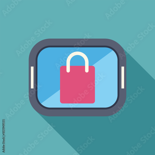 Smartphone app displaying pink shopping bag icon, representing online shopping and mobile commerce