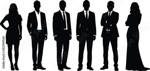 Professional business team silhouette standing together in formal attire, corporate group posing confidently for leadership, teamwork, organization, and company success concepts illustration