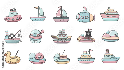 Set of adorable cartoon water transport icons. Cute kawaii boats, ships, submarine, and sailboat illustrations for children