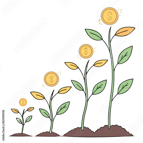 Financial Growth Concept: An illustrated representation of a growing plant symbolizes the continuous expansion of financial assets, and economic concepts. It serves as a visual metaphor