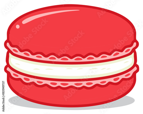 Red macaron cookie with white cream filling. Dessert illustration.