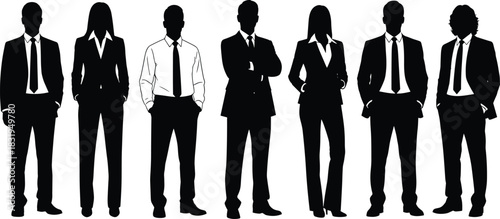 Professional business team silhouettes standing together in formal corporate attire, representing leadership, teamwork, collaboration, office workforce, diversity, organizational professionalism