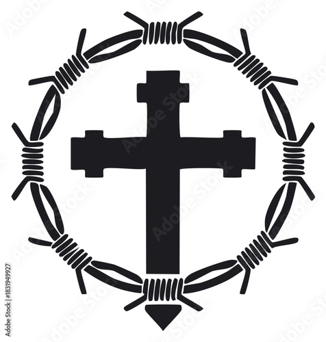 Symbolic Christian cross surrounded by a barbed wire wreath in black silhouette representing faith and sacrifice