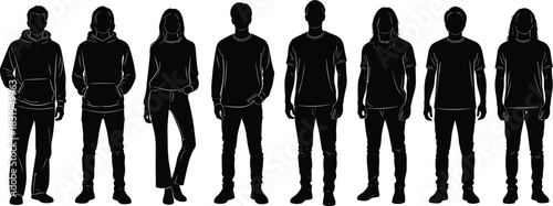 Silhouette group of standing men and woman in casual clothing, showcasing modern fashion, diverse poses, urban lifestyle, youth culture, and contemporary style