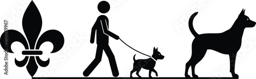 Silhouette of person walking with two dogs and fleur-de-lis symbol on white background, minimalist vector for pet lovers