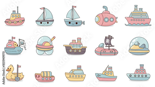 Charming collection of various cute boat and ship illustrations. A delightful set of kawaii marine transport icons in a soft pastel palette