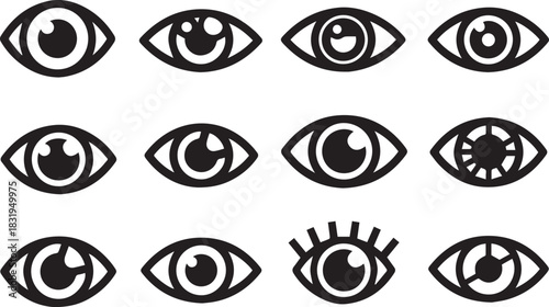 Collection of various eye icons in black and white vector format