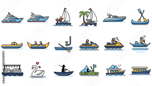 A diverse collection of water transport and recreational boating icons, a conceptual set for summer vacation and travel themes