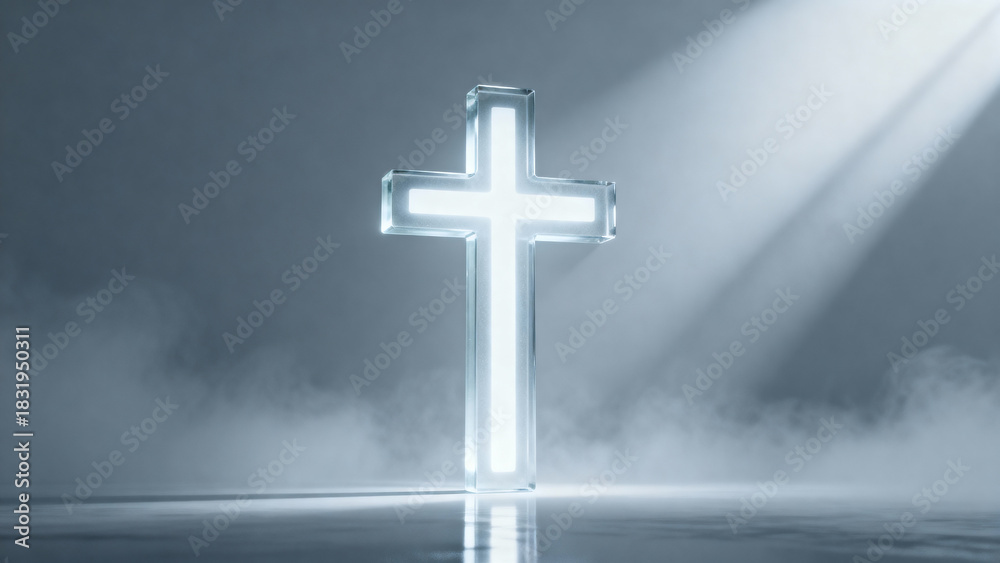 Naklejka premium Glowing glass cross on a smoky background with dramatic lighting copy space