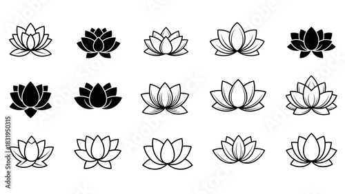 Stylized lotus flower icons collection, featuring elegant outline and solid silhouette designs. A versatile set for spiritual concepts, wellness branding, and modern graphic design projects