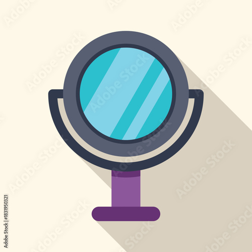 Round makeup mirror standing on a table reflecting a light blue background