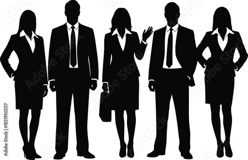 Silhouetted business professionals standing together in formal corporate attire, representing teamwork, leadership, office culture, business collaboration, and modern professional workplace concept